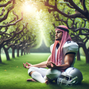 A football player meditating in a tranquil garden