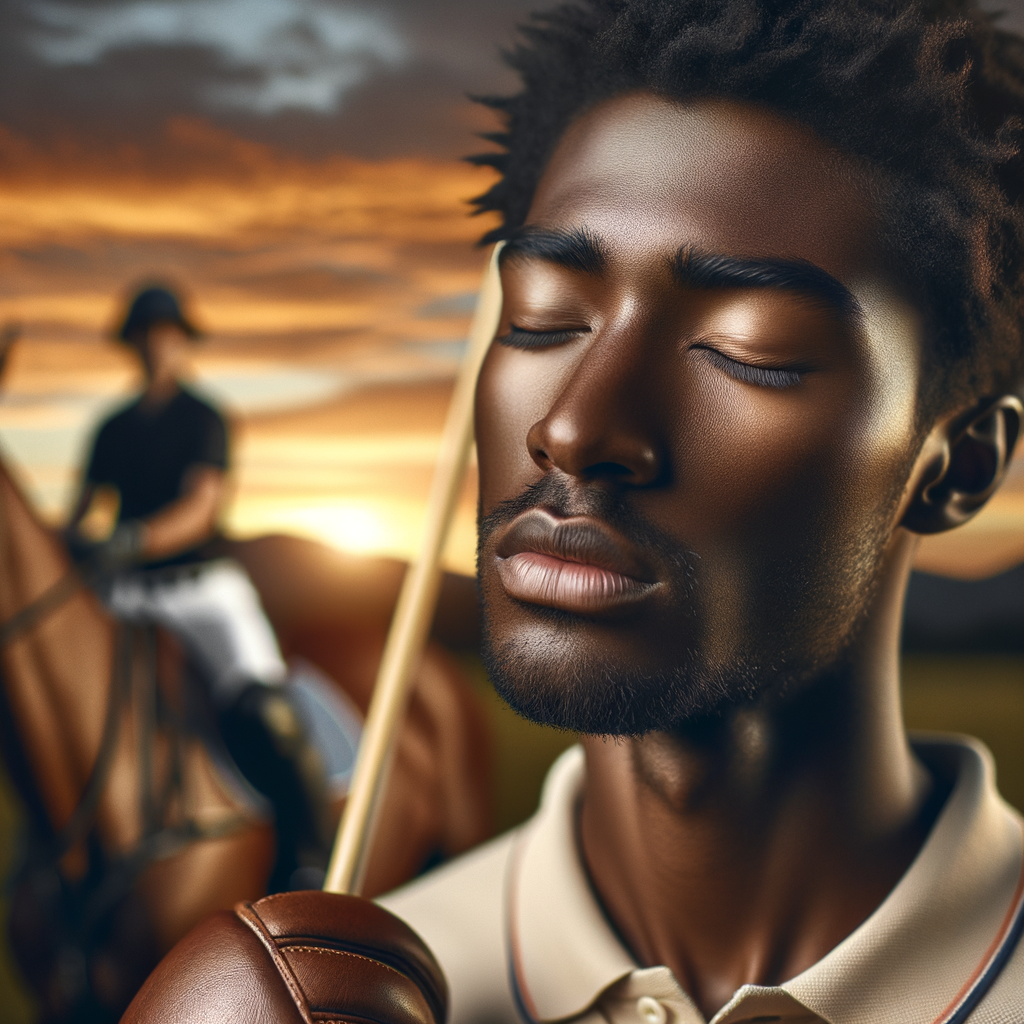 Polo player in a meditative stance, eyes closed, breathing in rhythm with a horse nearby