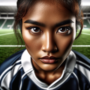 A determined rugby player focused intensely on the field