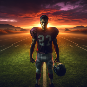 visualization of a football player standing tall in the middle of an empty field focusing before a game