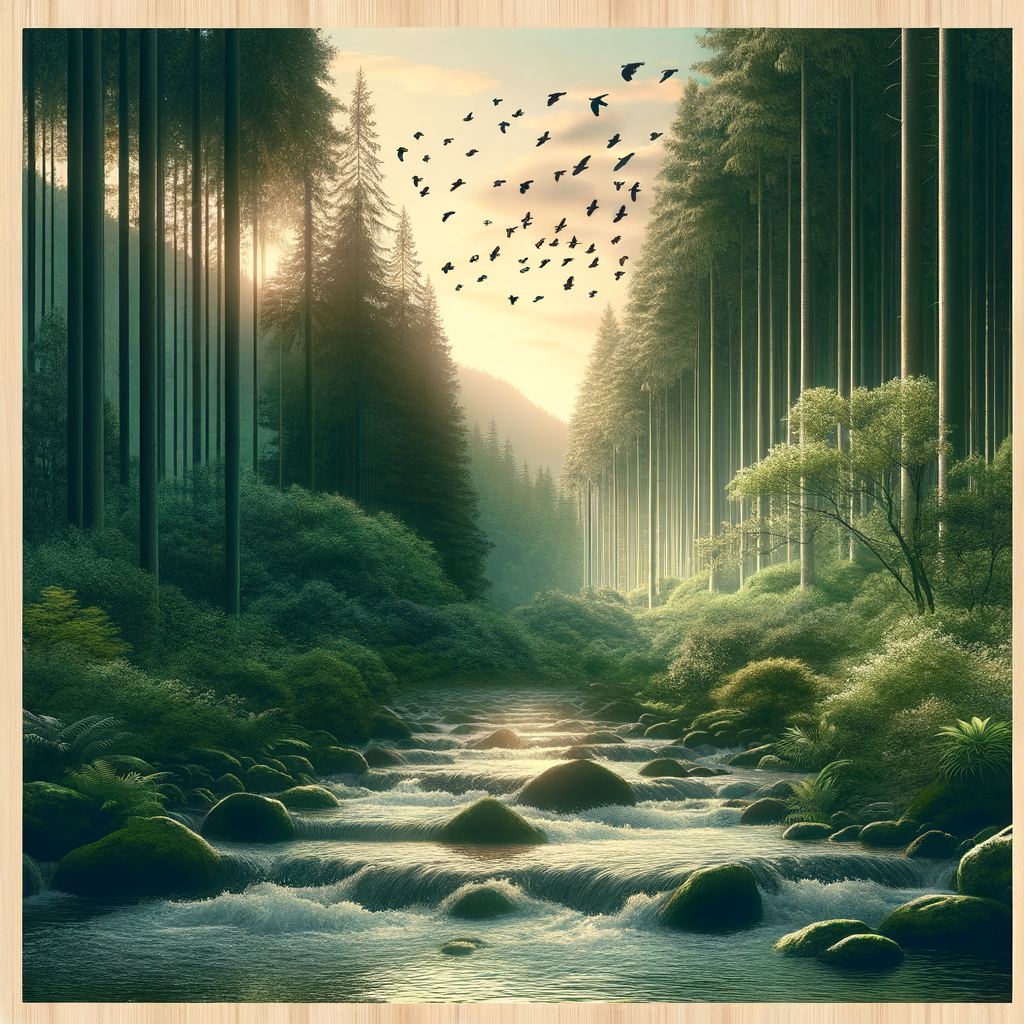 Relaxing forest soundscape with flowing streams and bird songs, enhancing meditation for smokers.