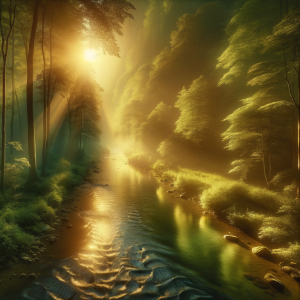 A sunlit, tranquil river flowing smoothly through a dense forest, symbolizing the journey toward clarity.