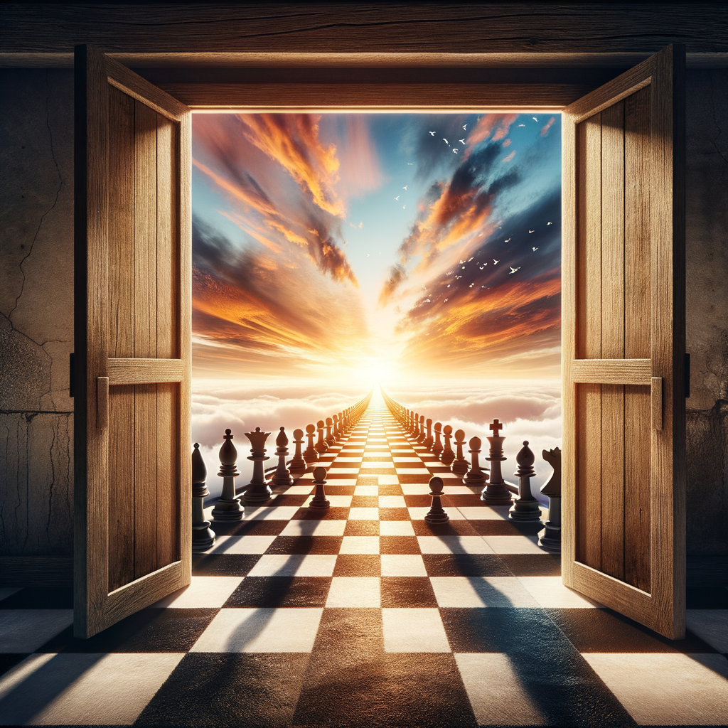 Metaphorical door opening to a chess world filled with strategic possibilities