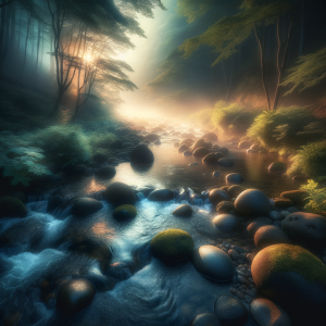Serene stream flowing peacefully at dawn