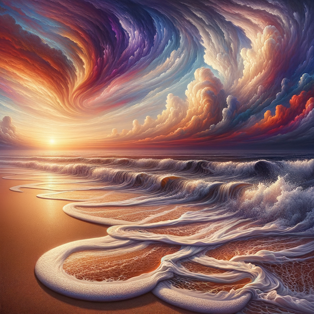 Gentle ocean waves lapping against a soft sandy beach during sunset