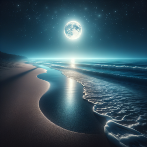 Moonlit shore with gentle waves at night