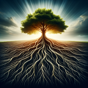 Tree with deep roots symbolizing business growth