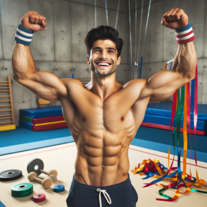 Gymnast standing in triumphant pose after successful routine