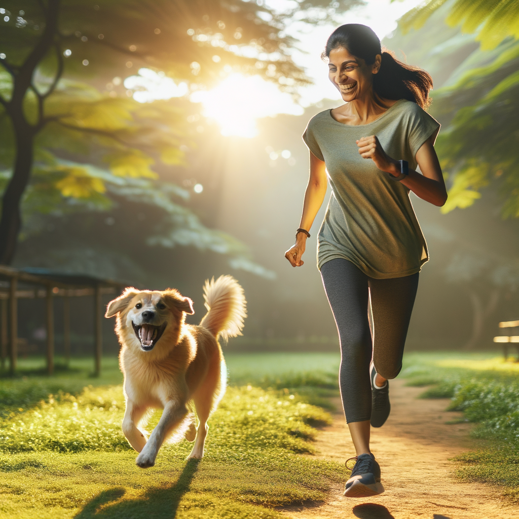 joyful dog running with owner in a sunny park