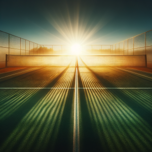 Bright sun casting a golden glow over a tennis court in early morning, conveying positivity.