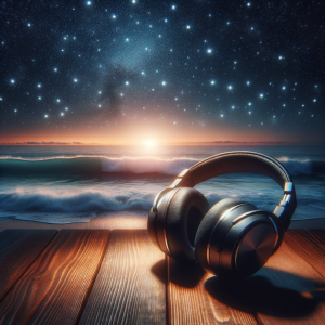 Headphones beside a nighttime meditation scene
