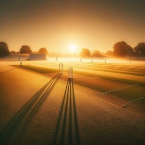 Calming scene of lush green cricket field surrounded by serene nature