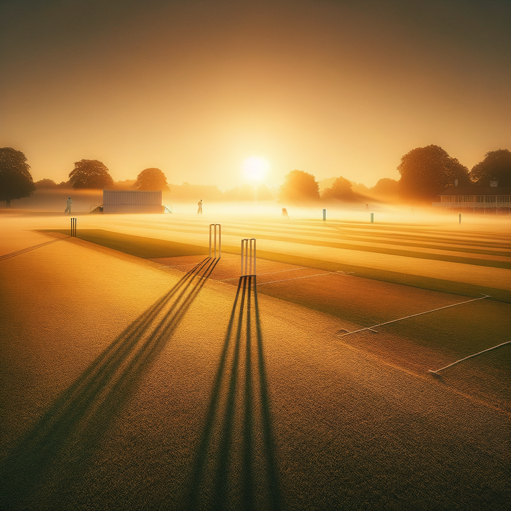 Calming scene of lush green cricket field surrounded by serene nature