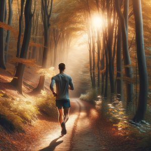 Conceptual image depicting a focused runner immersed in nature