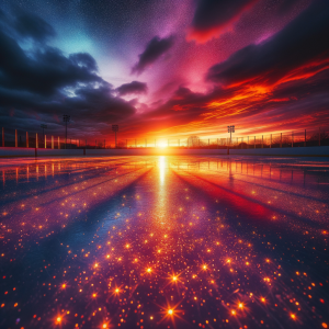 Ice hockey rink under the colors of a vibrant sunset