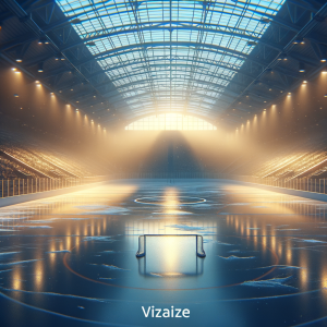 An empty hockey rink with warm sunlight casting over the ice