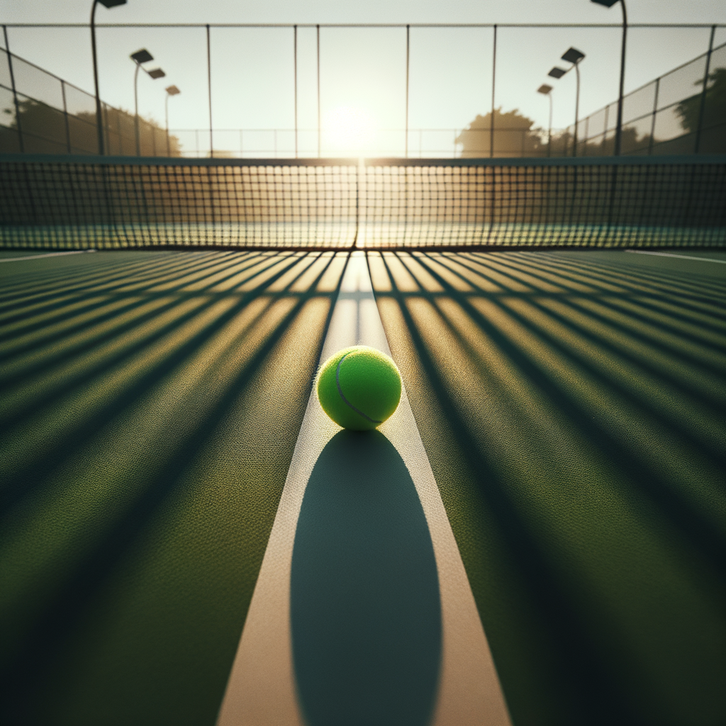 A serene tennis court with shadows lengthening, highlighting a lone tennis ball mid-bounce.