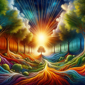 Soothing visual of an internal journey through mental landscapes with radiant light.