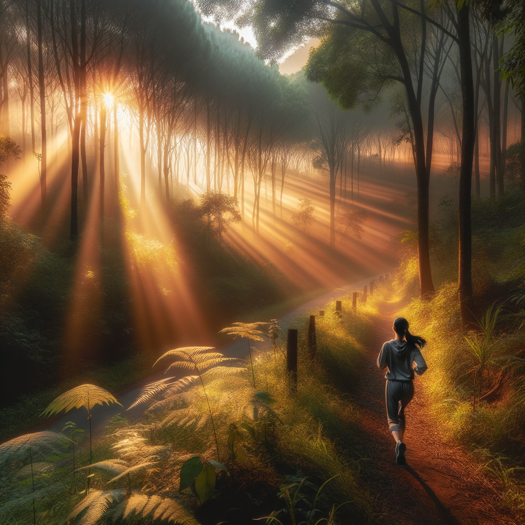 Serene moment as the morning sunlight filters through the trees, casting a warm glow on the trail.