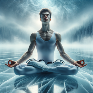 A tranquil figure skater meditating with eyes closed on an icy expanse