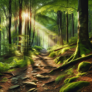 A serene path winding through a tranquil forest, representing a journey into relaxation