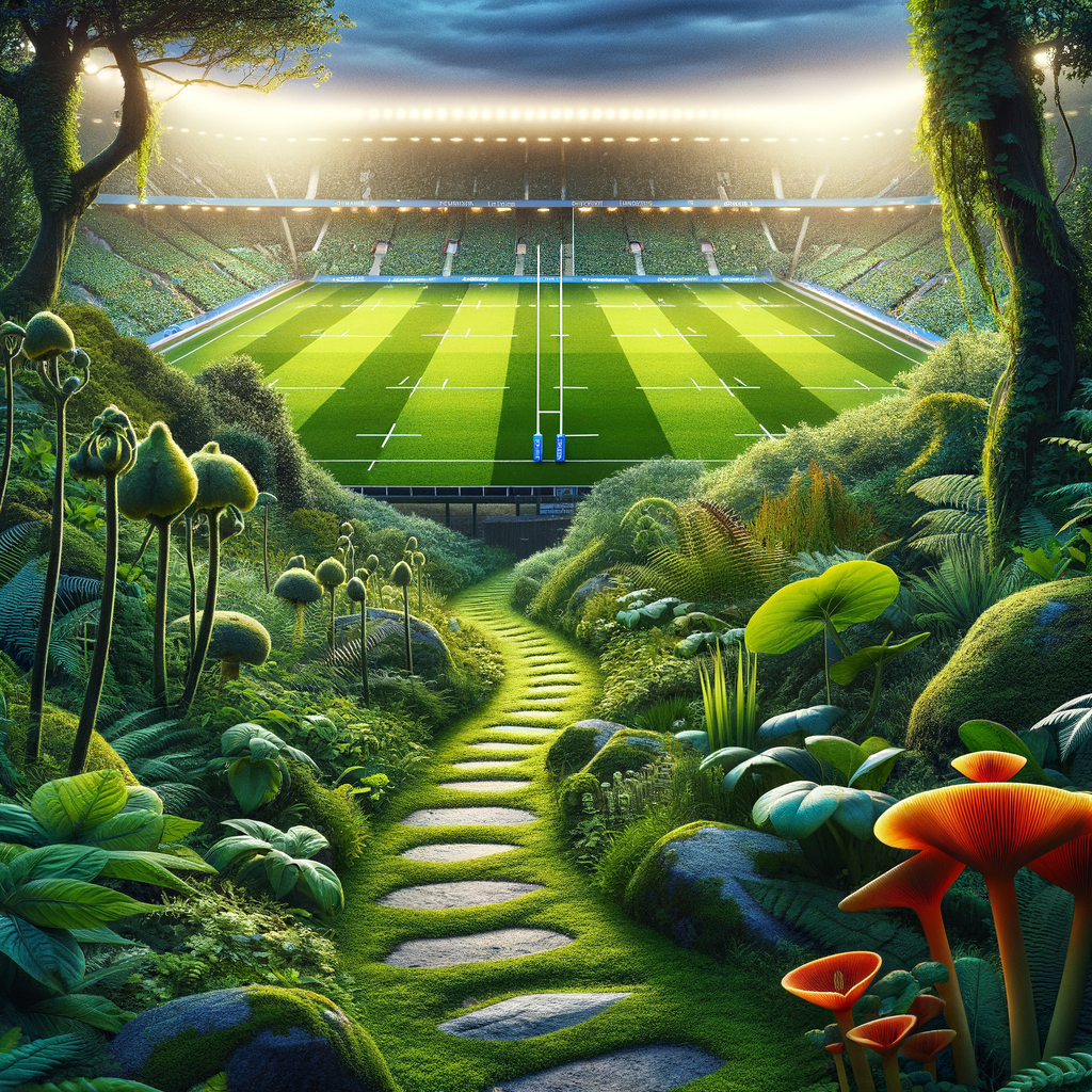 Tranquil pathway through lush greenery leading to a distant vibrant rugby field