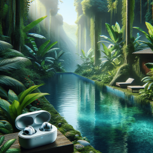 person listening to calming hypnosis audio on wireless earbuds next to a pool