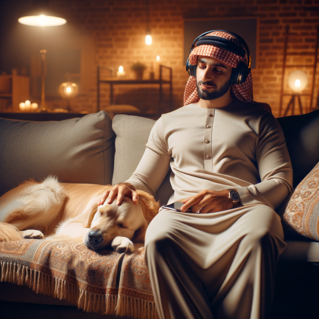 pet owner listening to audio with their dog relaxing beside them