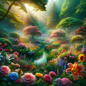 Visual of a lush enchanted garden with mist