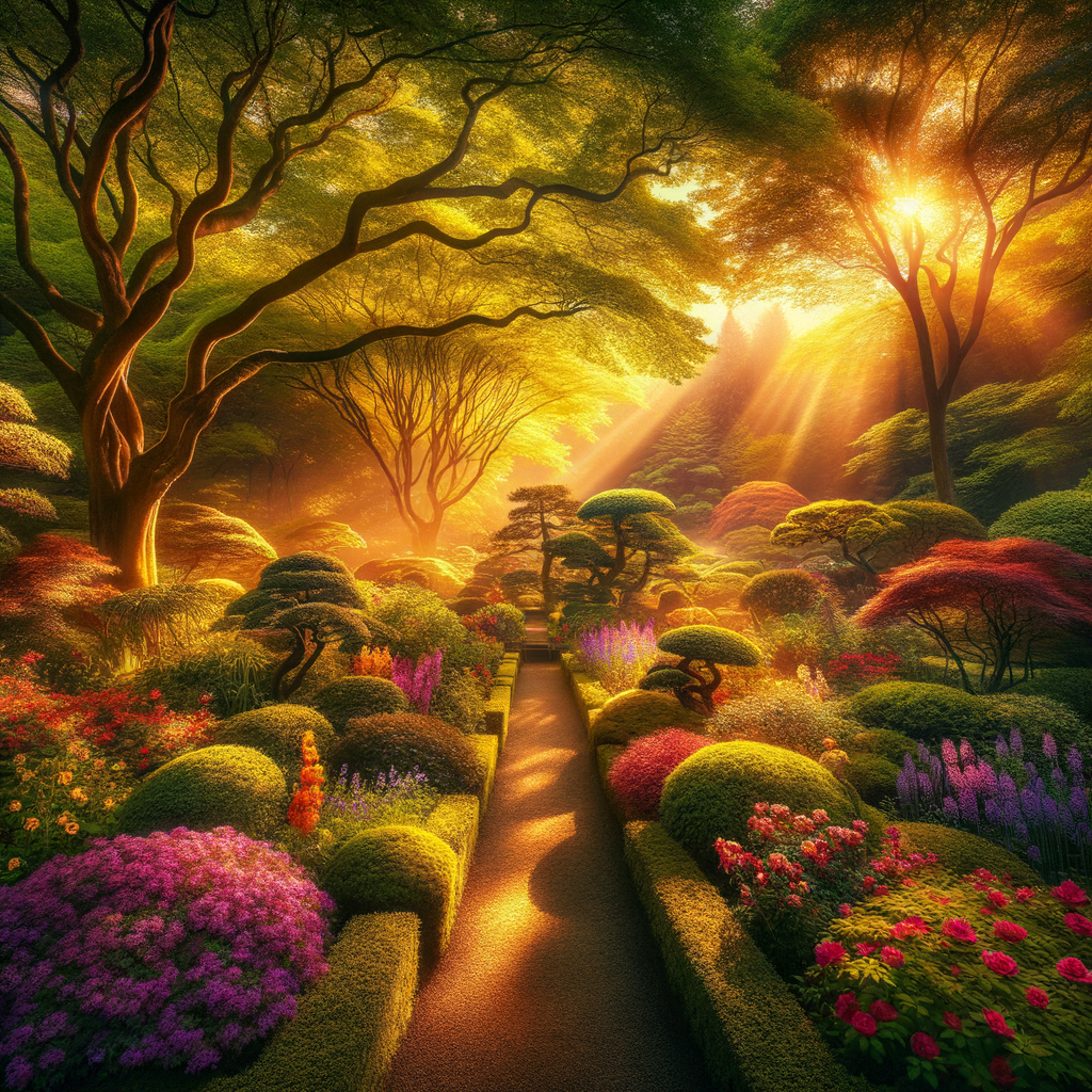A serene meditative garden with lush greenery and soft sunlight