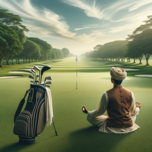 Golfer meditating thoughtfully on the fairway