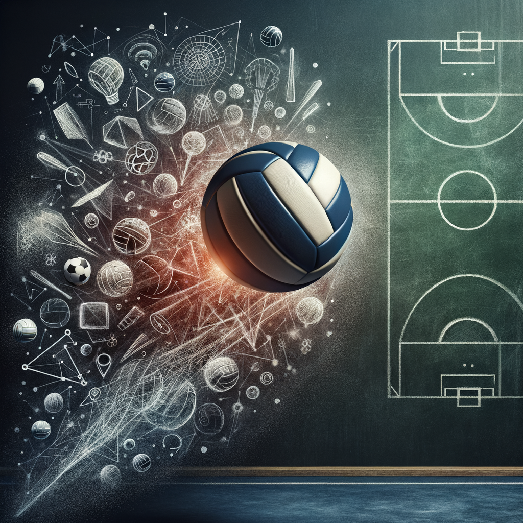 Volleyball in motion near a chalkboard with strategic markings, reflecting the integration of mental strategy with physical play.
