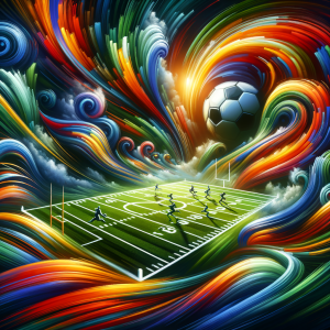 illustration of a football field with a vibrant, colorful energy swirling