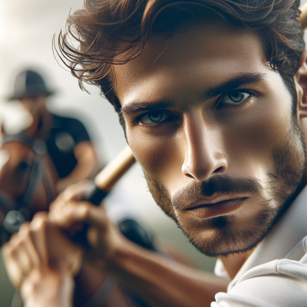 Close-up on a polo player, with focus and determination in their eyes
