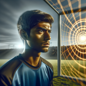 A single soccer player on a vast, clear field, vividly focused on a distant goal, symbolizing mental clarity and determination.