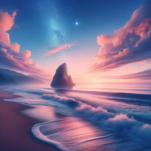 A serene coastal landscape with waves gently lapping at the shore