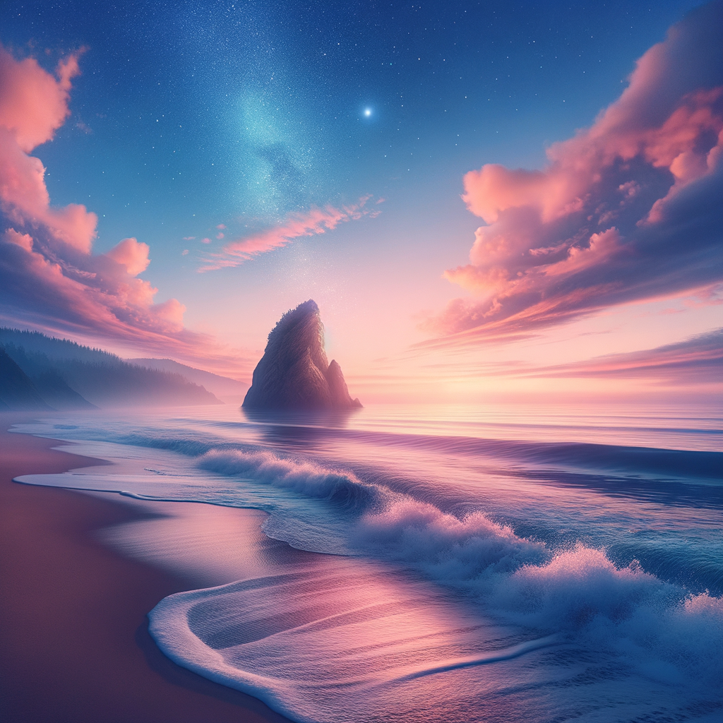 A serene coastal landscape with waves gently lapping at the shore