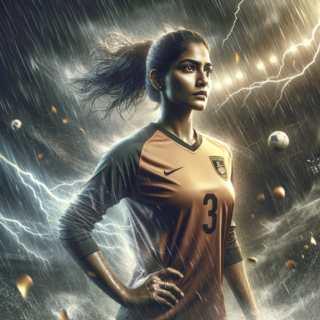 a determined and focused football player facing a stormy background