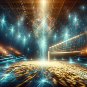 Conceptual image of a volleyball court with a mystical aura symbolizing mental transformation