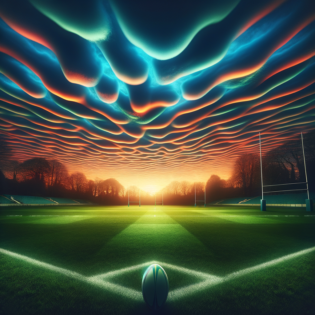 A rugby field under a serene twilight sky with subtle overlays of hypnotic swirls
