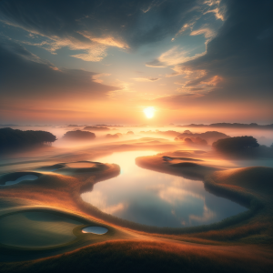Tranquil golf course in early morning mist