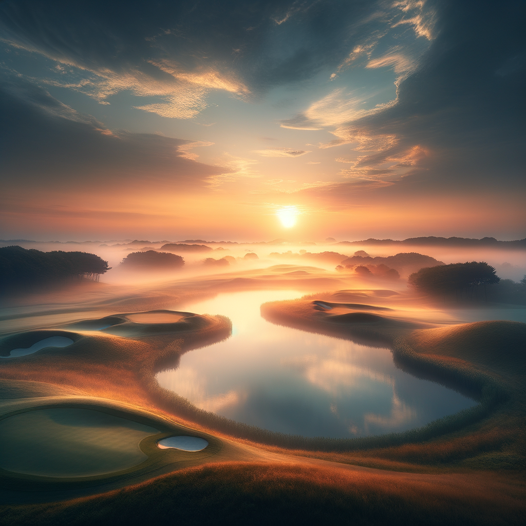 Tranquil golf course in early morning mist