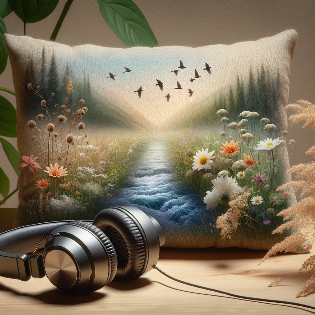 Person practicing mindfulness with headphones in a tranquil setting