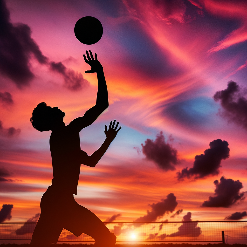 Silhouette of a volleyball player practicing serves with a meditative focus at sunset.