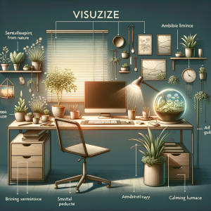 A peaceful and organized office desk with soft lighting and minimal clutter, promoting focus and clarity.
