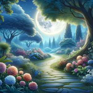 Moonlit pathway in an enchanted garden