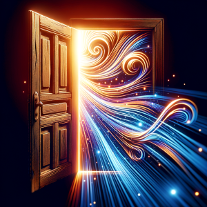 Illustration of a mysterious door opening to reveal vibrant, swirling concepts and imaginative elements symbolizing creative ideas