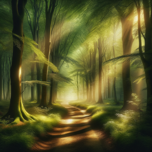 A tranquil path through an enchanted forest, bathed in soft green light, symbolizing potential and growth.