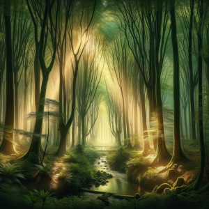 A serene and mystical forest with soft glowing light filtering through the trees, depicting tranquility and calm.