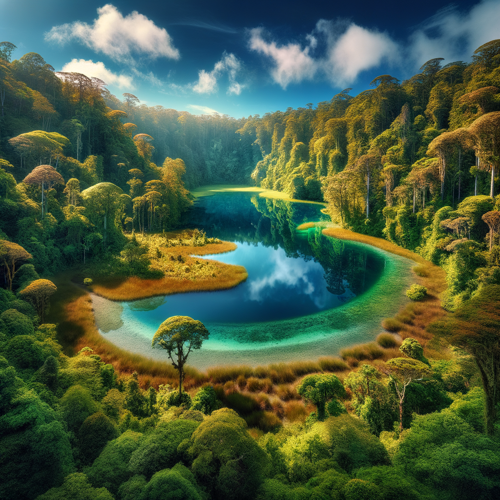 Clear lagoon with mirror-like reflections surrounded by forest